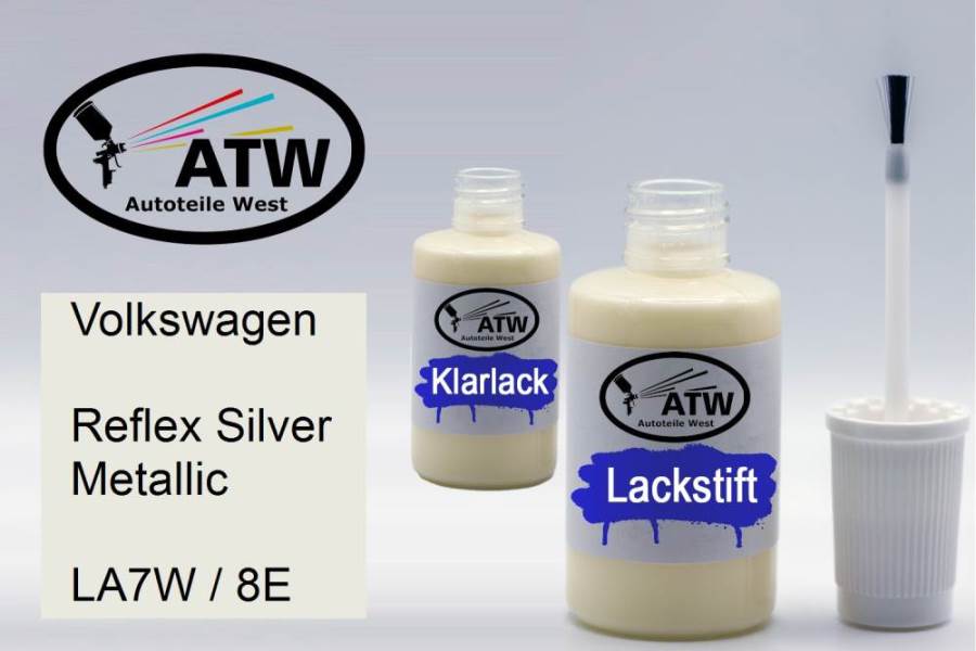 Volkswagen, Reflex Silver Metallic, LA7W / 8E: 20ml Lackstift + 20ml Klarlack - Set, von ATW Autoteile West.